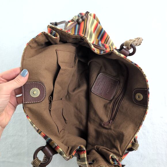 Fossil Earthy Tones Canvas Striped Hobo Hippie Indie Purse Double Handle - Picture 4 of 10